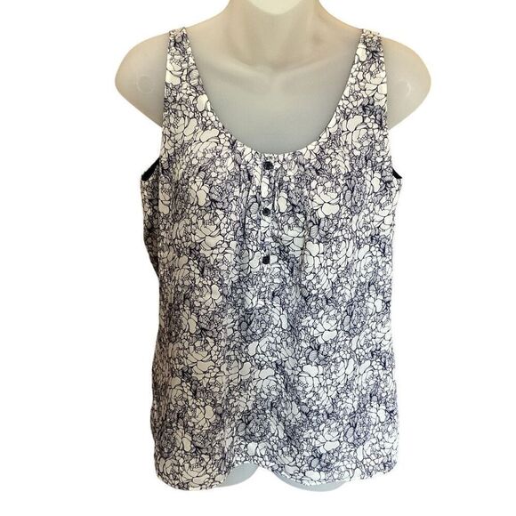 Loft Ann Taylor Blouse Tank Top Round Neck Blue White Lined 3 Button Front XS - Picture 1 of 12